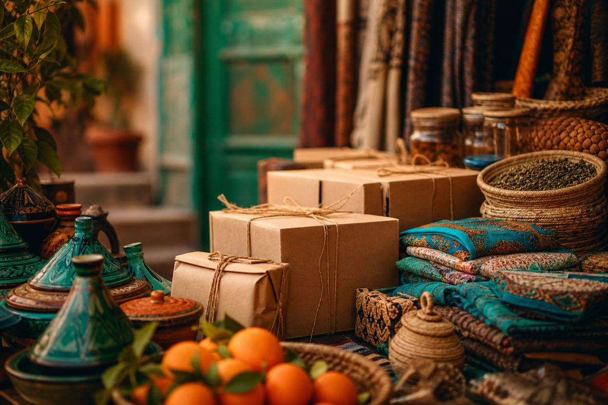 ASWAKY — Maghreb marketplace atmosphere with parcels and market goods